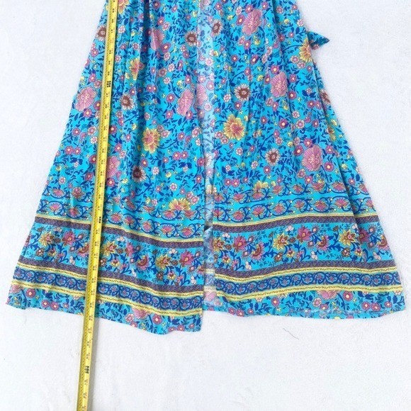 Pretty Garden Floral Wrap Maxi Dress, Womens M Blue Flutter Sleeves Romantic