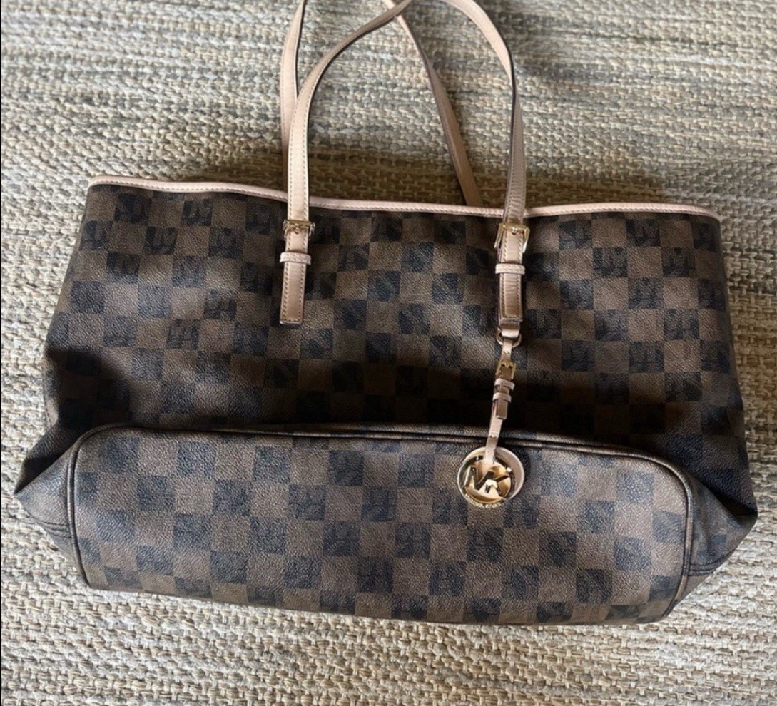 Michael Kors Brown Checkered Large Tote Double Handles MK Charm Gold Hardware