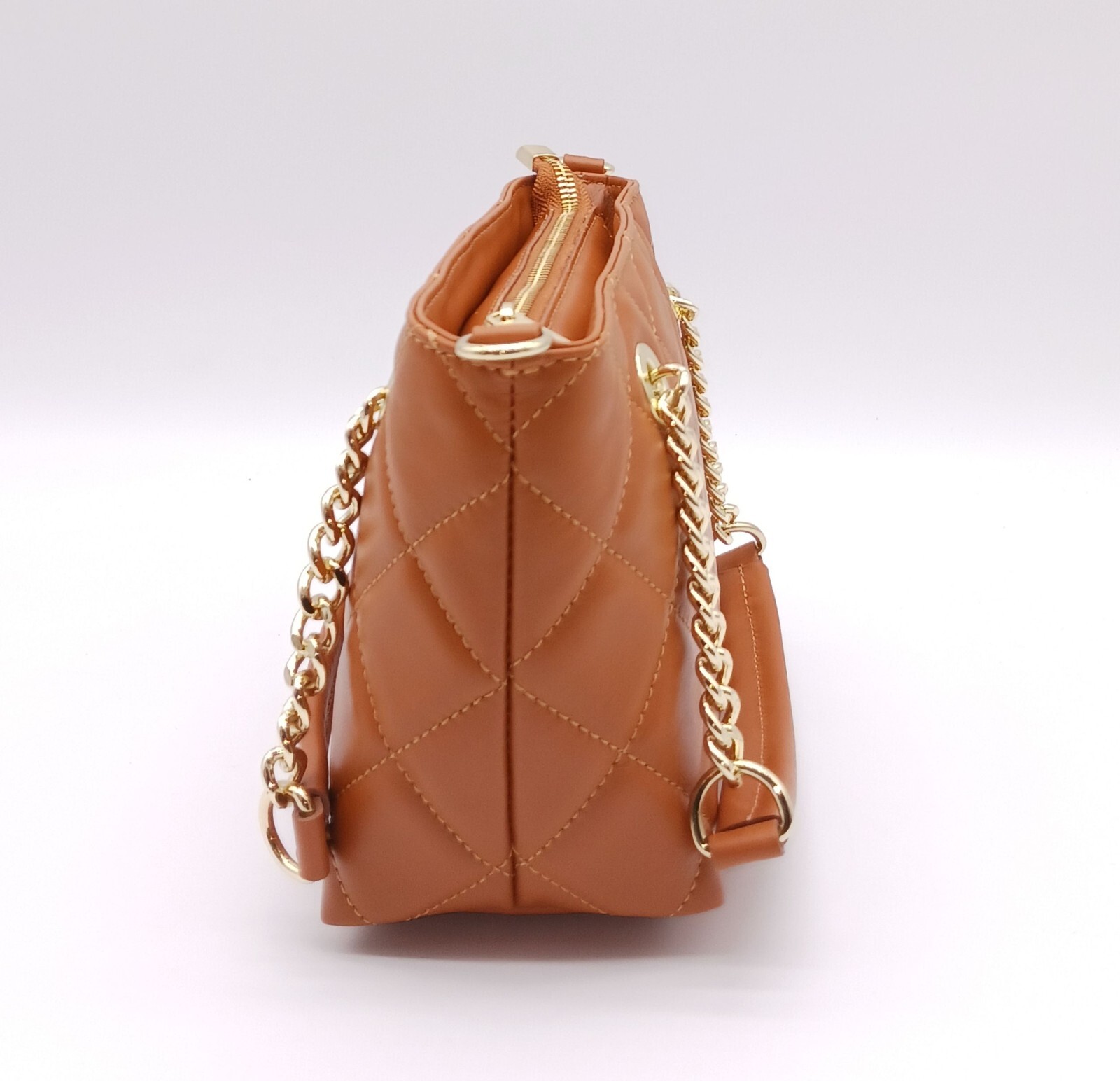 Italian Genuine Leather Small Quilted Tote Crossbody – Made In Italy – Cognac