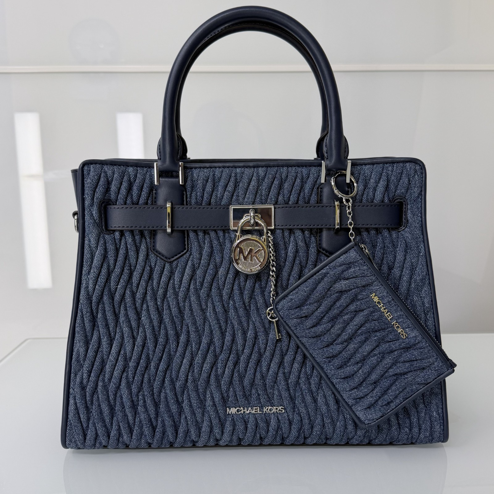 Michael Kors Set Hamilton MD Matelassé Denim Satchel Bag Denim Blue