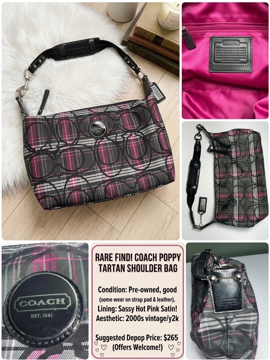 Vintage COACH Poppy Tartan Plaid Shoulder Bag Pink Satin Lining