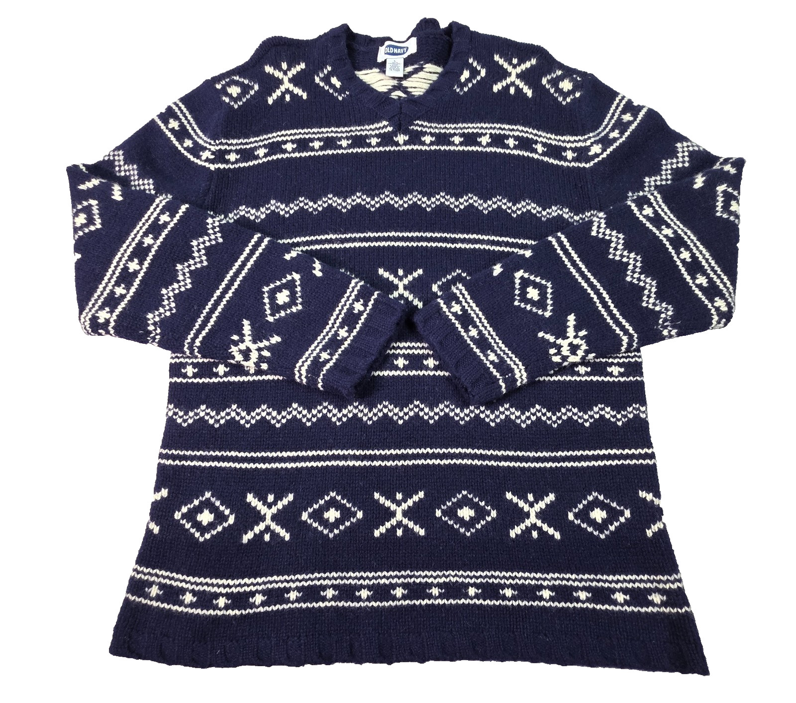 Old Navy Mens Sweater Large Dark Blue/White V-Neck Nordic Style 100% Lambswool