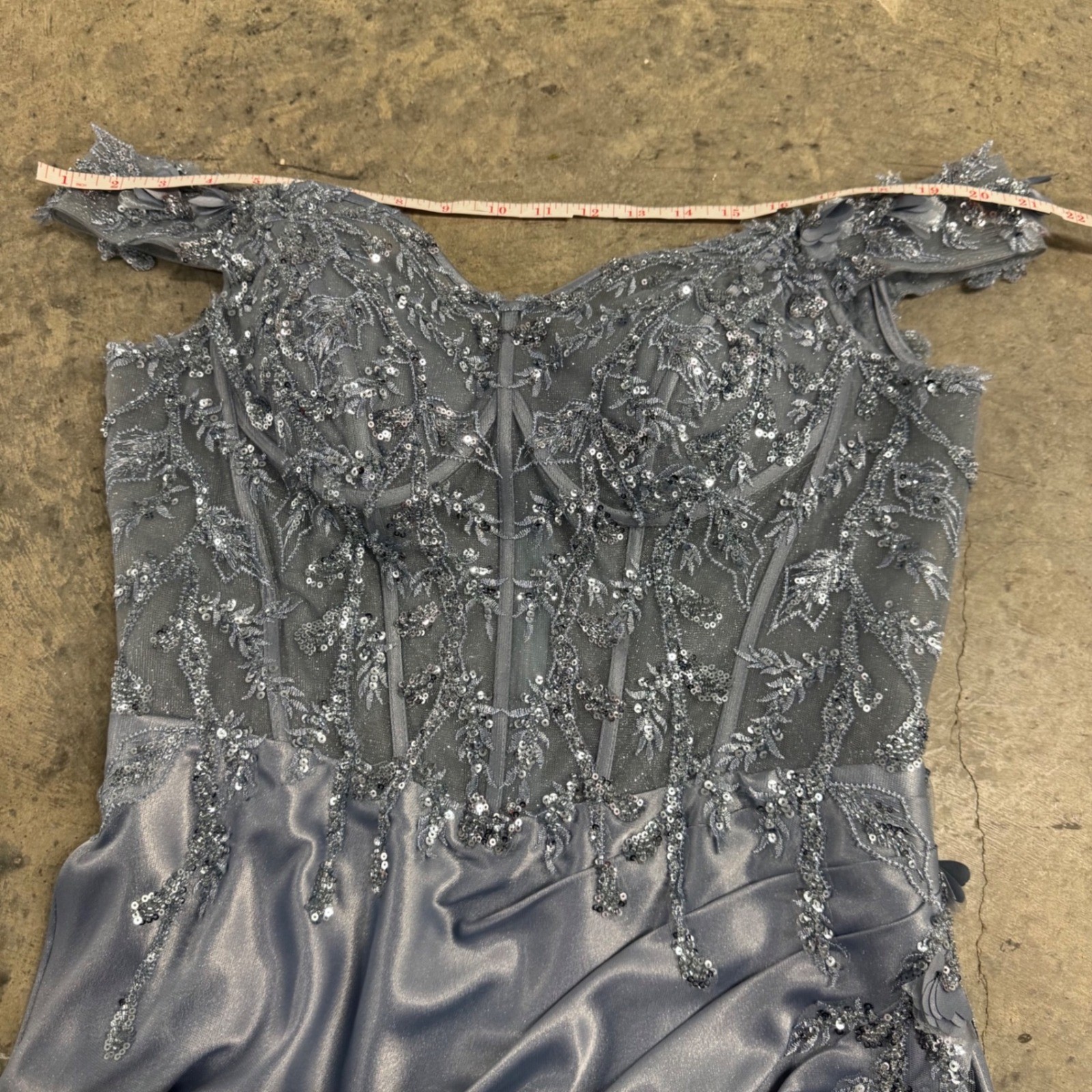 Ladivine by Cinderella Divine Blue Beaded Corset Lace Slit Maxi Gown Dress S/XL