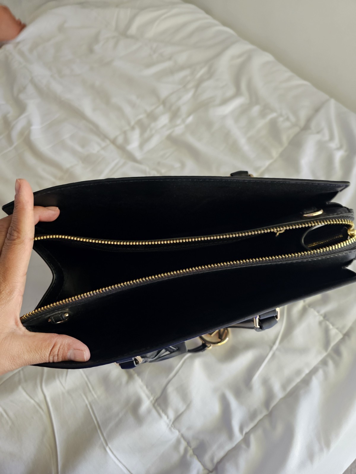 Michael Kors Black Satchel Top Handle Zip Purse MK Charm Gold Hardware