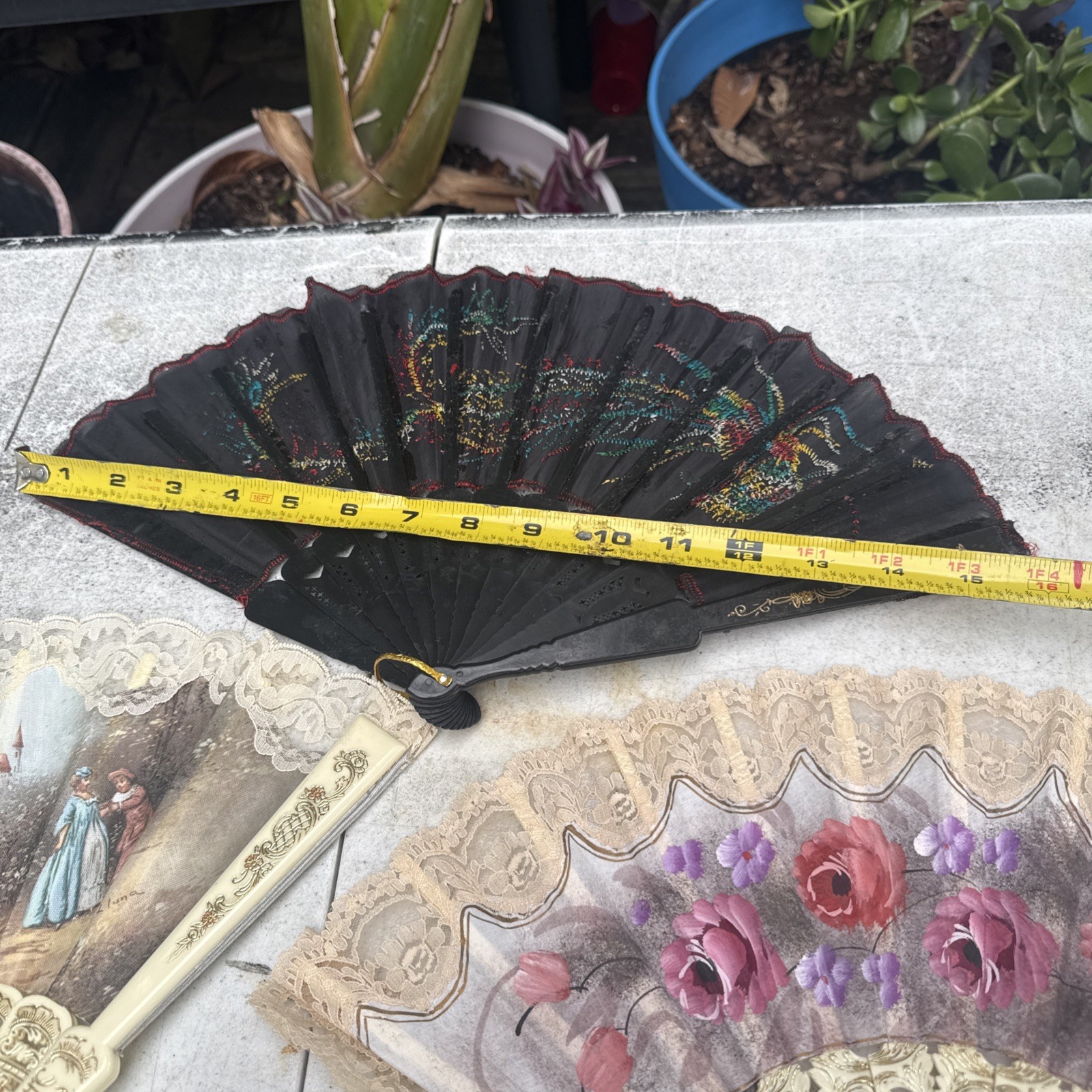 Victorian Style Multicolor Floral Hand Fan Black Lace Trim Fabric Plastic