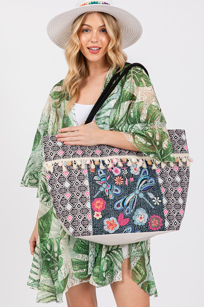 Anthropologie Style Women Boho Pattern Dragonfly Tassel Beach Resort Tote Bag