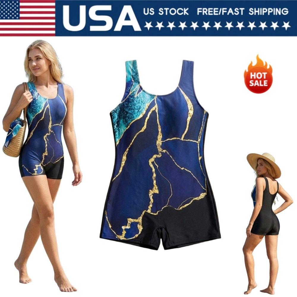 Women Marble Print One Piece Boyleg Swimsuit Sleeveless U Neck Swimming Costume