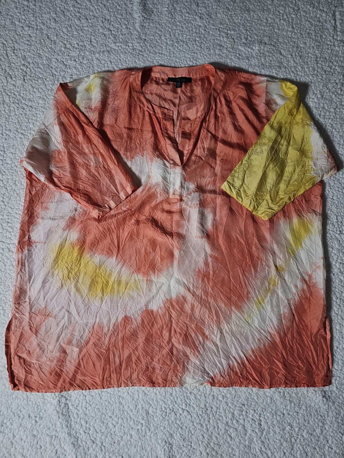 Lafayette 148 coral orange and yellow tie-dye silk oversized tunic top P/S