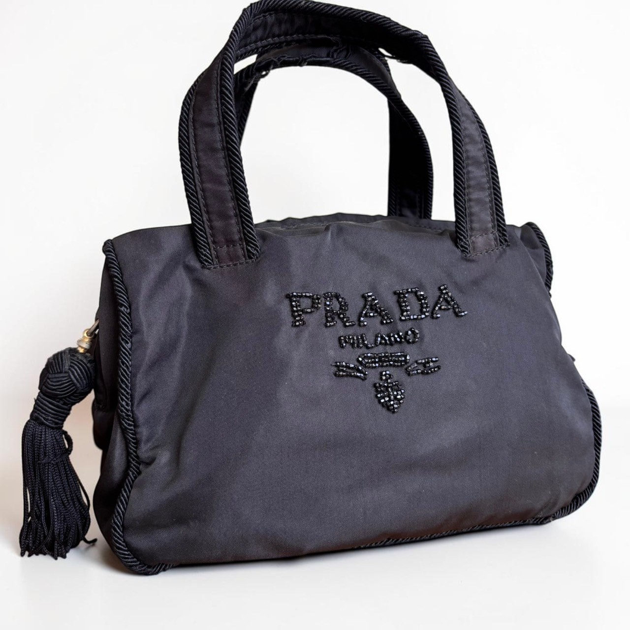 PRADA Handbag Black Tassel Logo Vintage Nylon