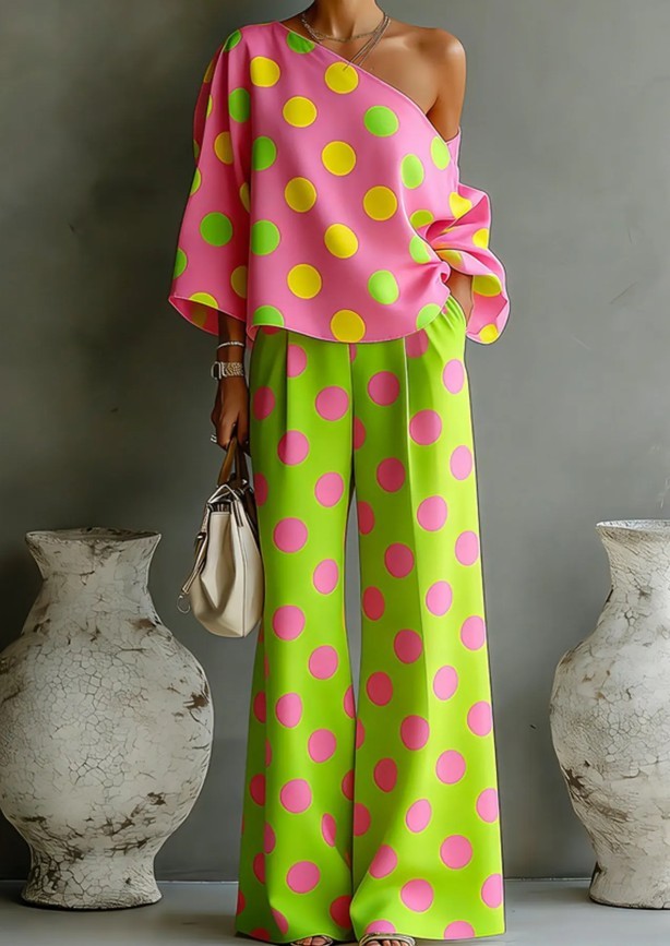 Women Polka Dot Off Shoulder 2 Piece Outfit Loose Top Wide Leg Pants Summer Set