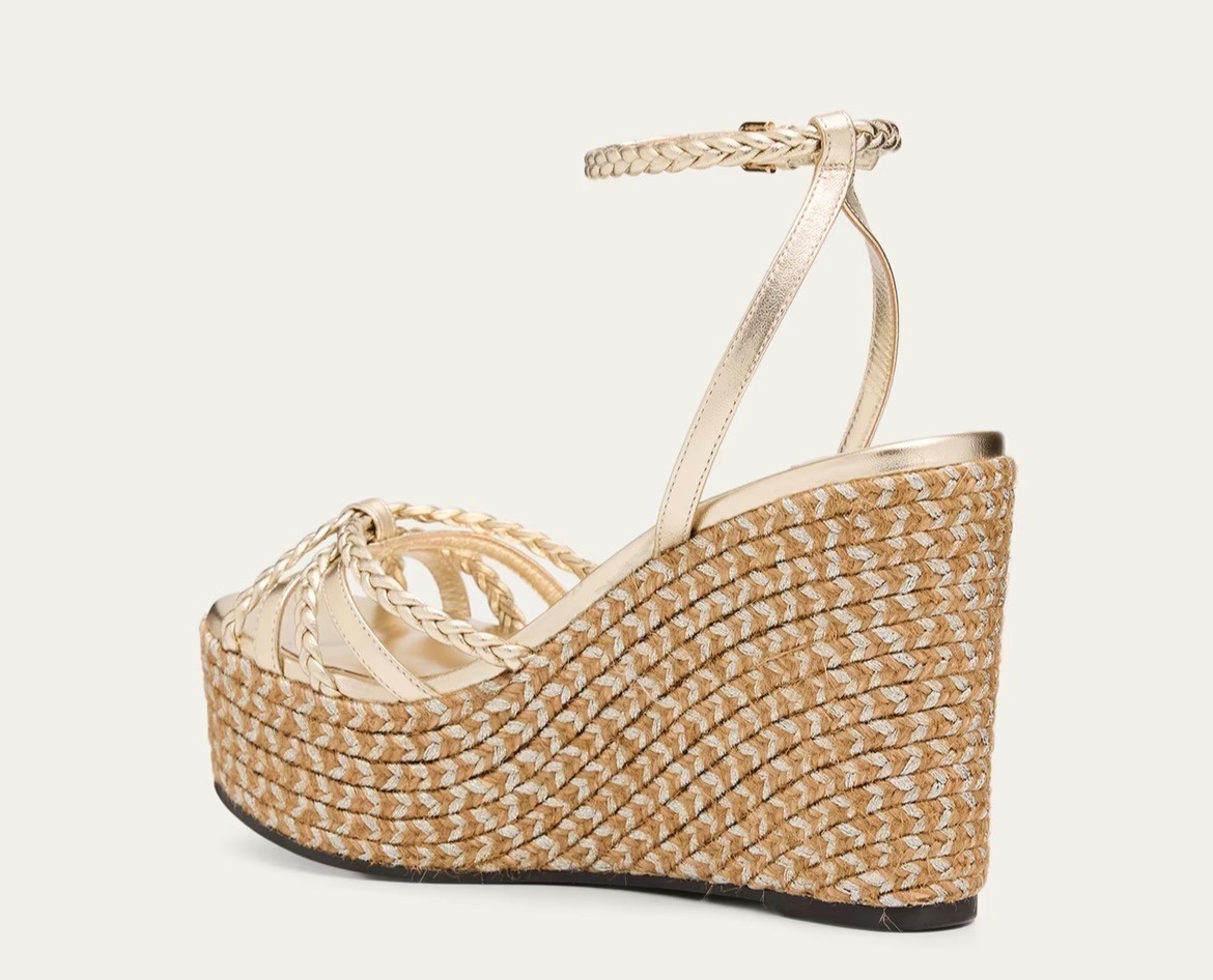 Jimmy Choo Dree 100MM Espadrilles Women US7 EU37 Metallic Soft Gold Wedge Sandal