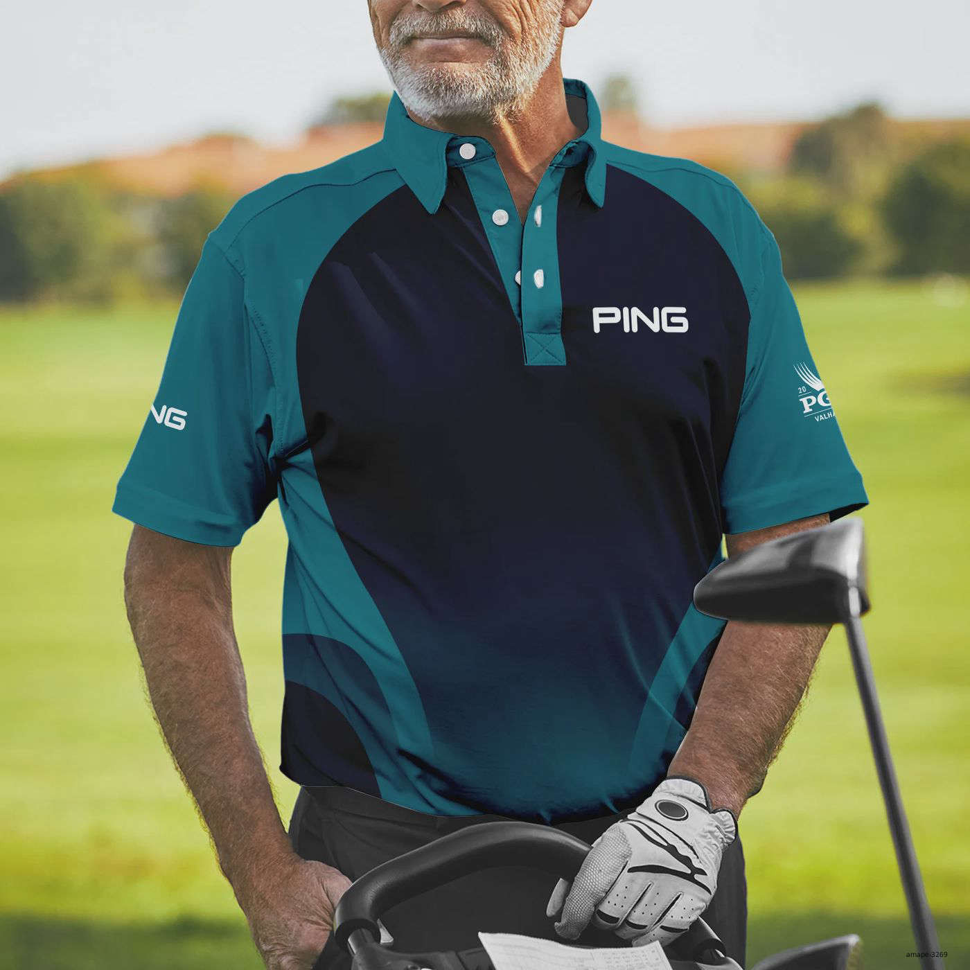 2025 PGA Ping Golf Shirt Dark Cyan Very Dark Blue Gradient Golf Polo Shirt Men