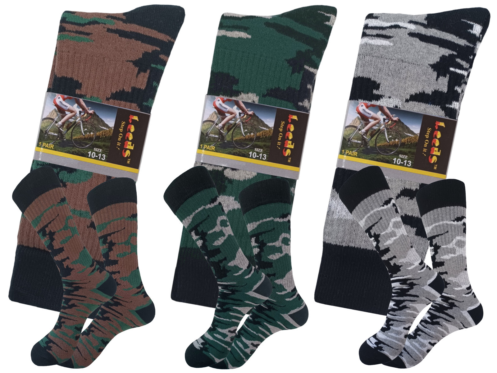 3 PAIR COTTON CAMO CREW ARMY HIKING SOCKS SIZE 10-13 TRUE TO SIZE FULL CUSHION