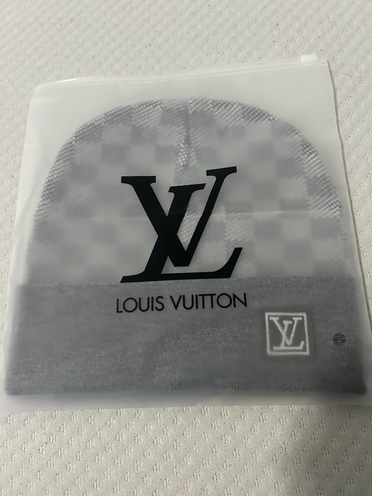 Louis Vuitton Gray Check Beanie Hat One Size Men’s with LV Logo Patch