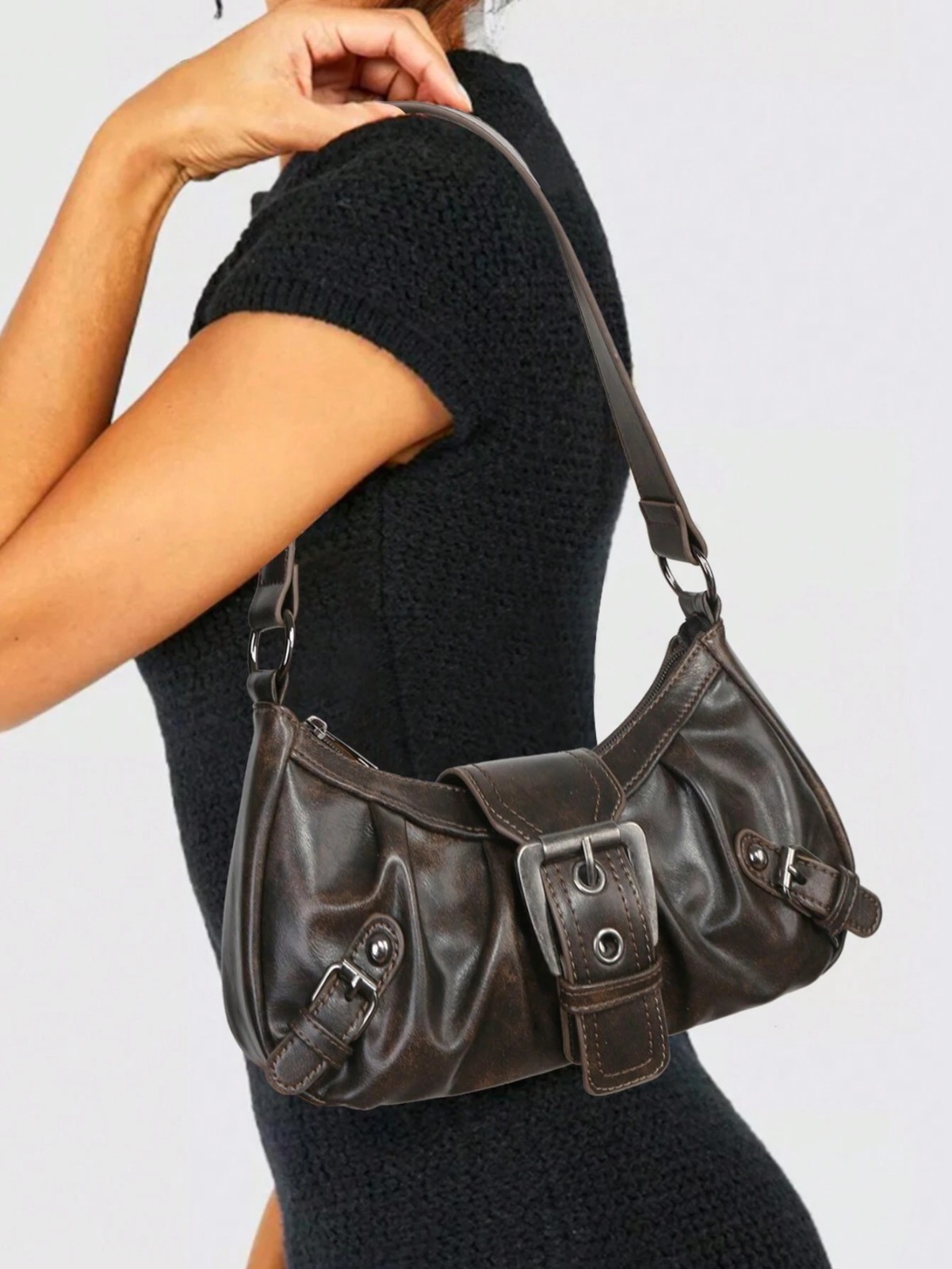 Vintage Burgundy Studded Faux Leather Motorcycle Shoulder Baguette Bag
