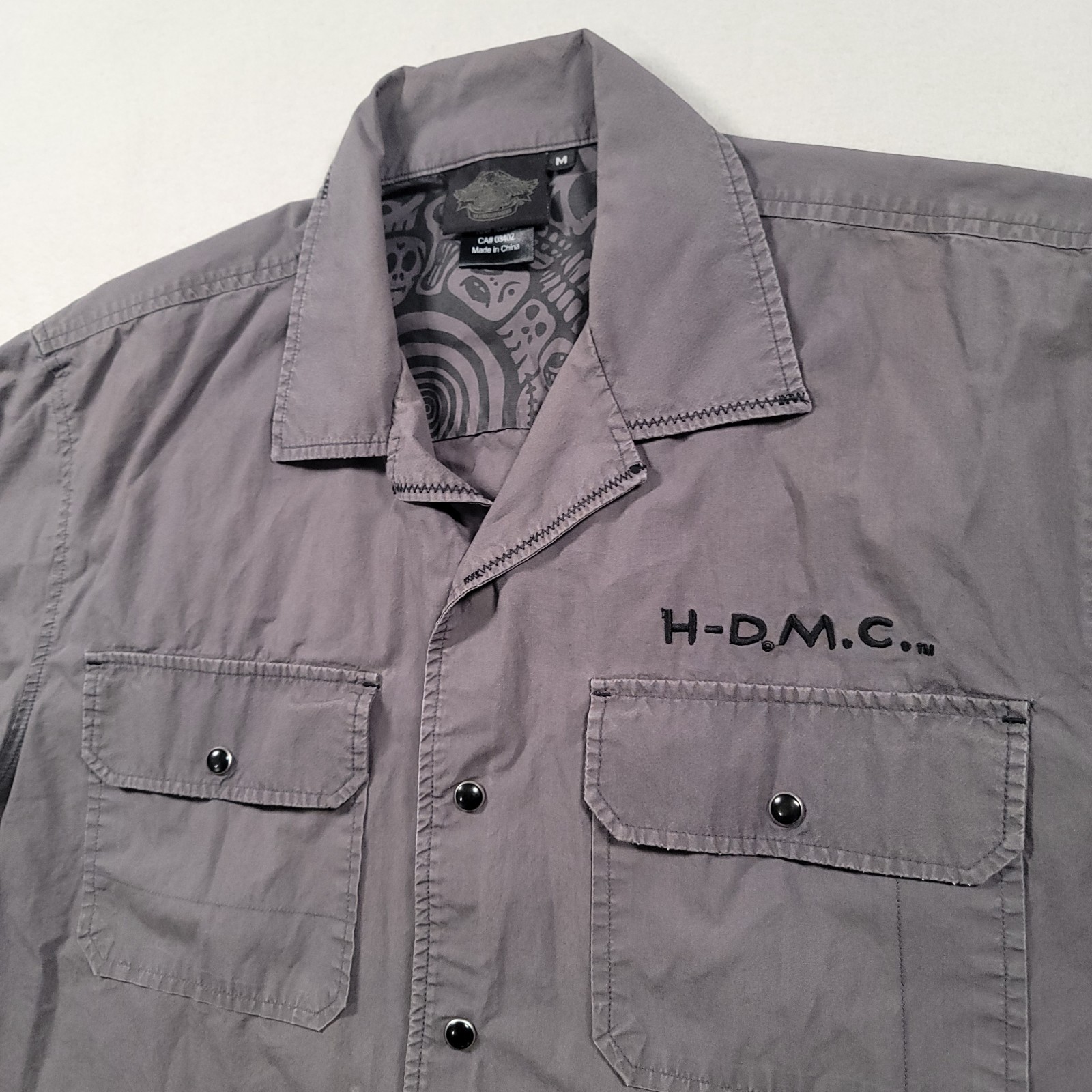 Harley Davidson H-DMC Shirt Mens Medium Gray Cotton Snap Front Biker