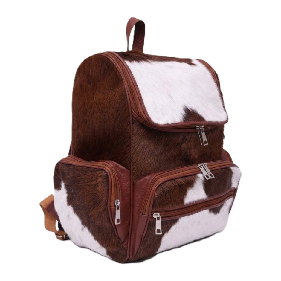 Hair-On Cowhide Leather Backpack Brown White Western Multi-Pocket Daypack Unisex