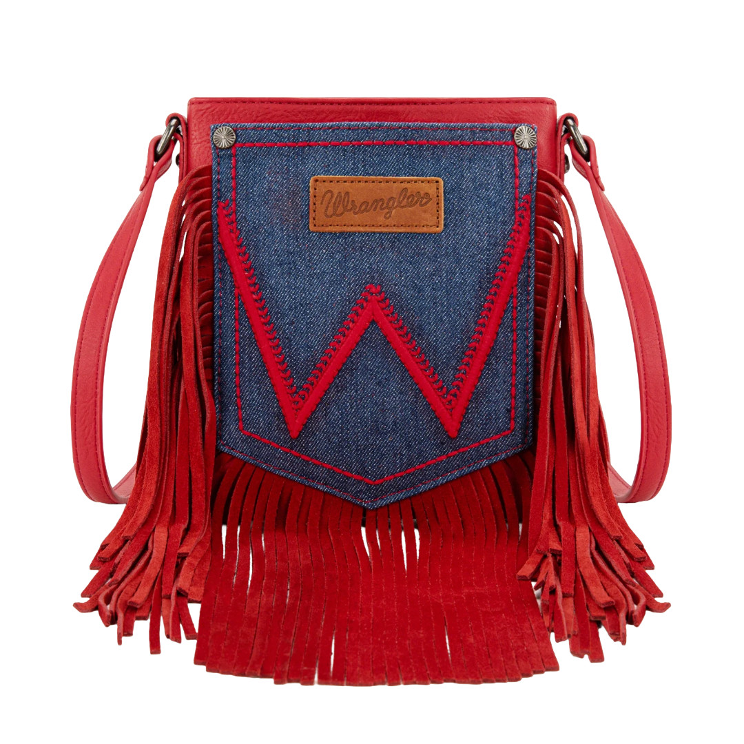 Wrangler Ladies Leather Red Fringe Jean Denim Pocket Crossbody WG367-8360RD