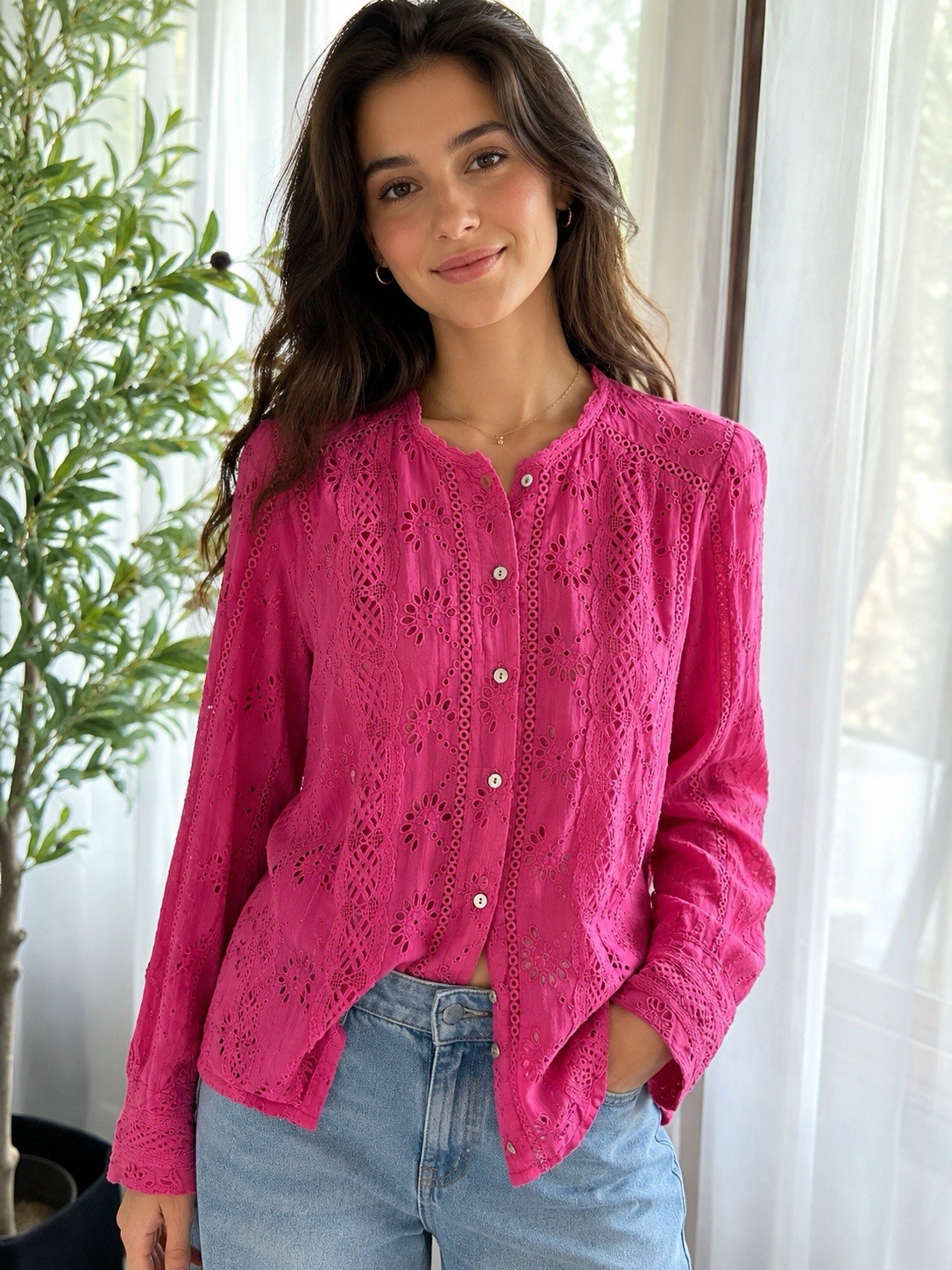 Sundance Pink Cotton Ruffle Embroidered Blouse Size M Boho Victorian Cottagecore