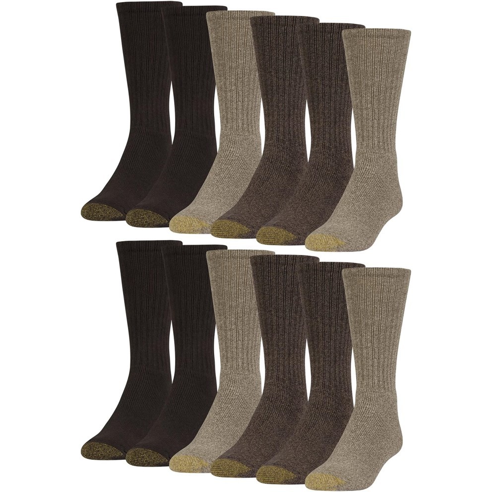 GOLDTOE Men’s Harrington Crew Socks, Taupe Marl/Khaki Marl/Brown (12-Pairs)Large