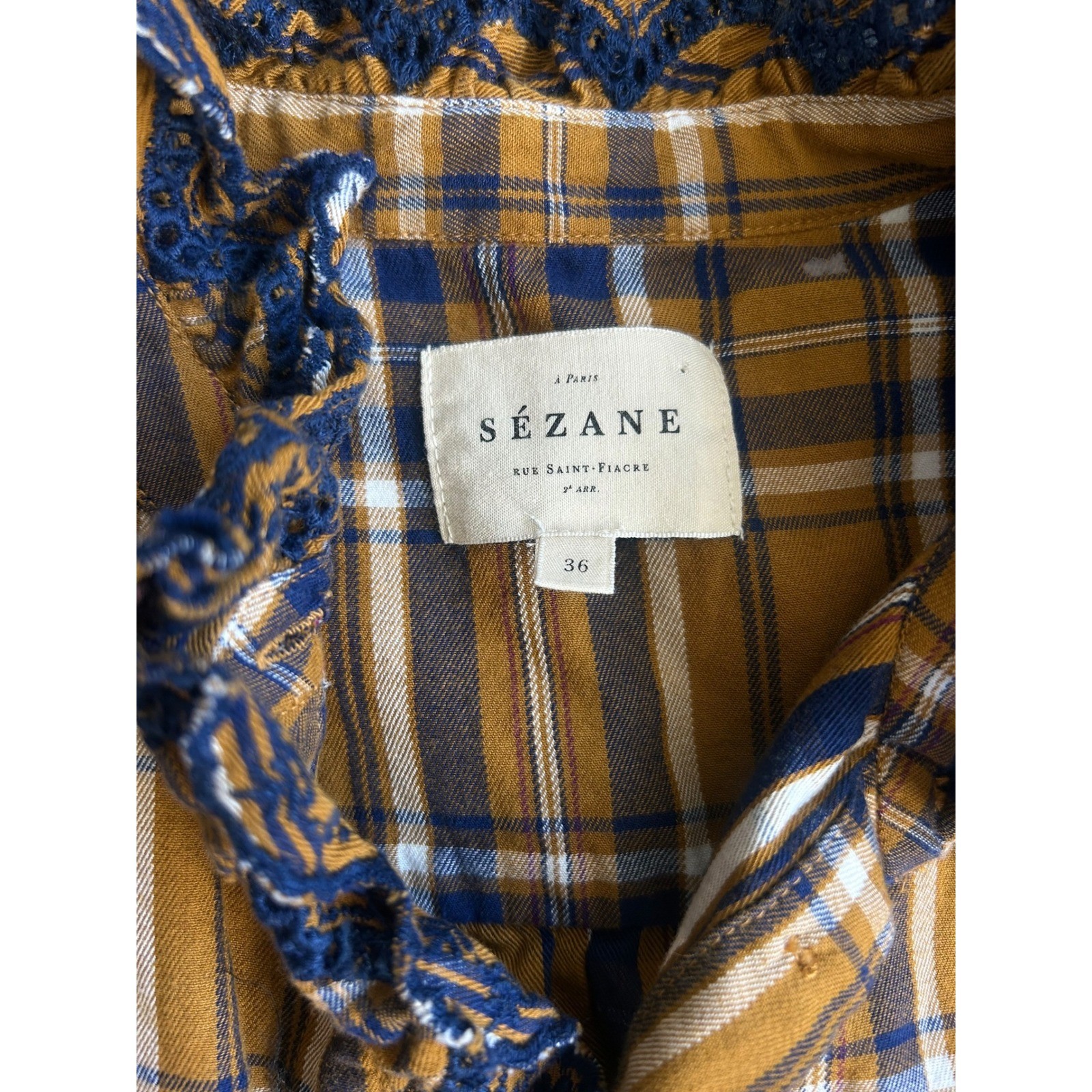 Sezane Chlo Shirt Mustard Yellow Navy Plaid Ruffle Lace Organic Cotton Blouse 36