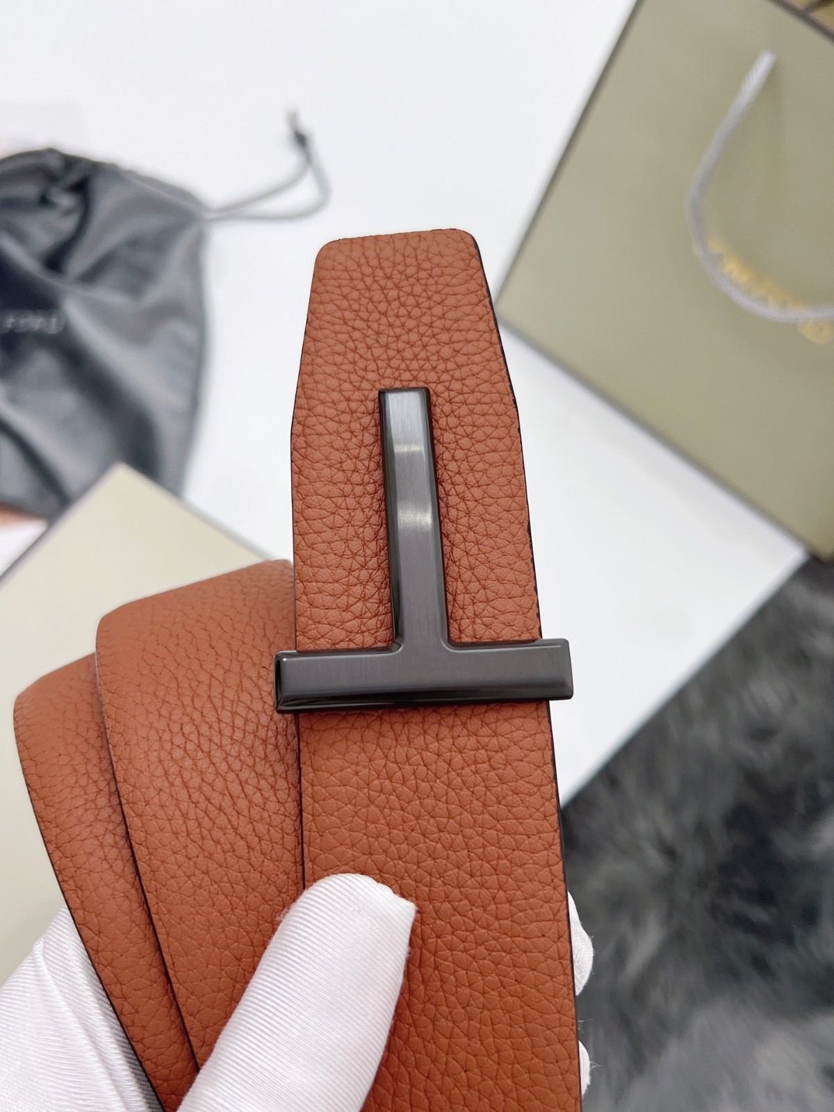Tom Ford Belt Reversible Black T-Buckle, Brown/Black Calfskin Leather