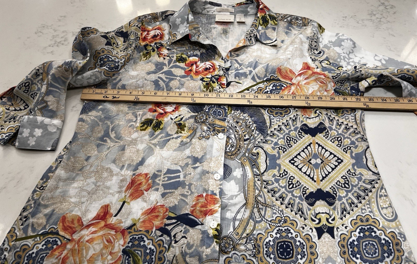 Chico’s Linen Blend Button-Up with Soft Blue Floral Print