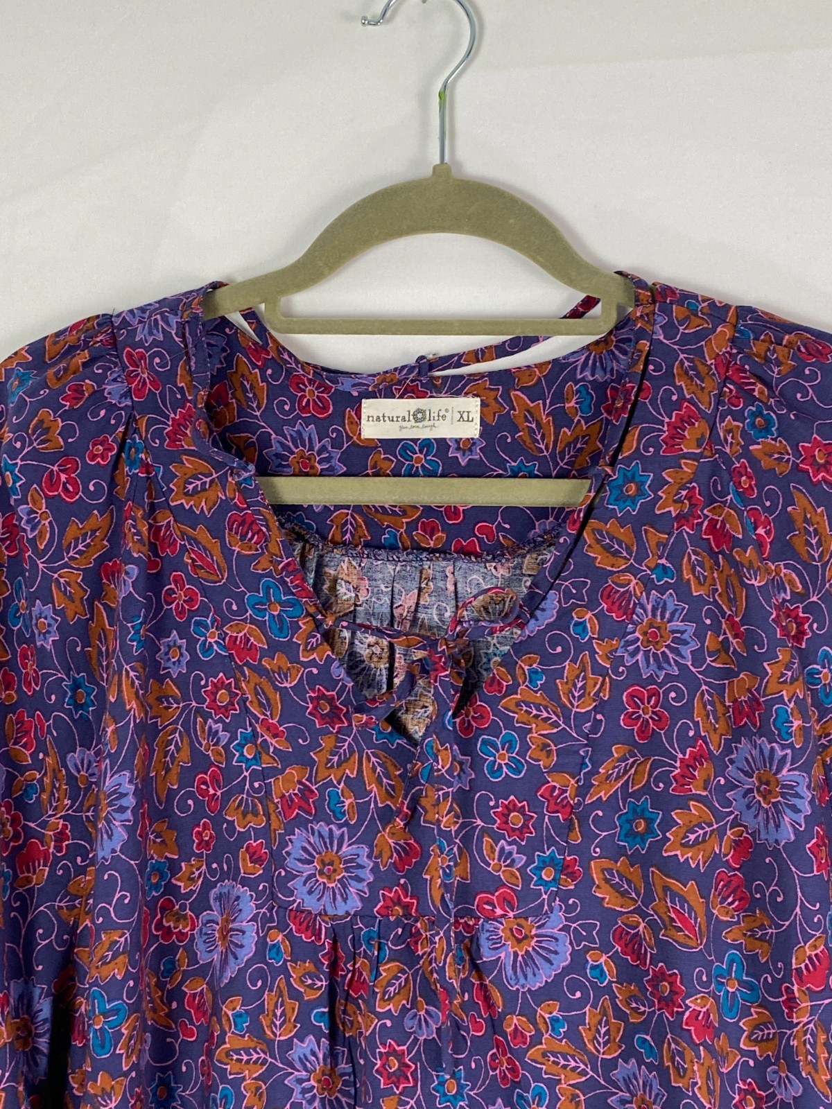 Natural Life Floral Multicolor V Neck with Ties Bell Sleeves Top Sz XL Peasant