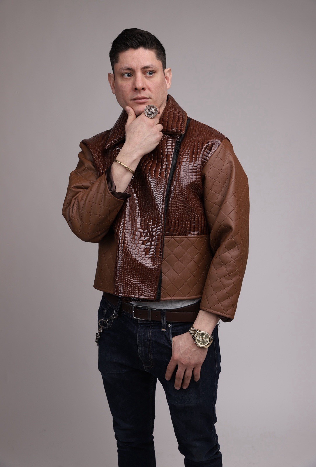 Men’s Brown Leather Quilted Biker Jacket Zip Front Spread Collar Short Sz S