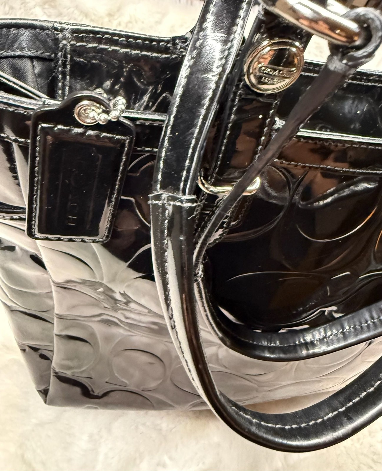 Coach Signature Embossed Patent Leather Tote Bag Black F16564