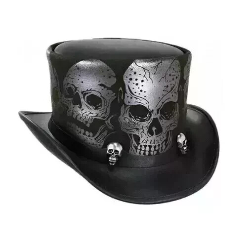 Skull Western Cowboy Leather Top Hat Steampunk Top Hat,Gothic Top hat Biker MC