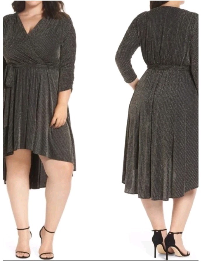 Chelsea28 Metallic Hi Low Cocktail Dress Plus XL 16 Black Sparkle Pinstriped Nwt