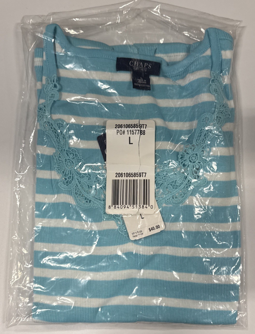 Chaps 100% Cotton Short Sleeve Turquoise And White Striped T-Shirt V-Neck Large