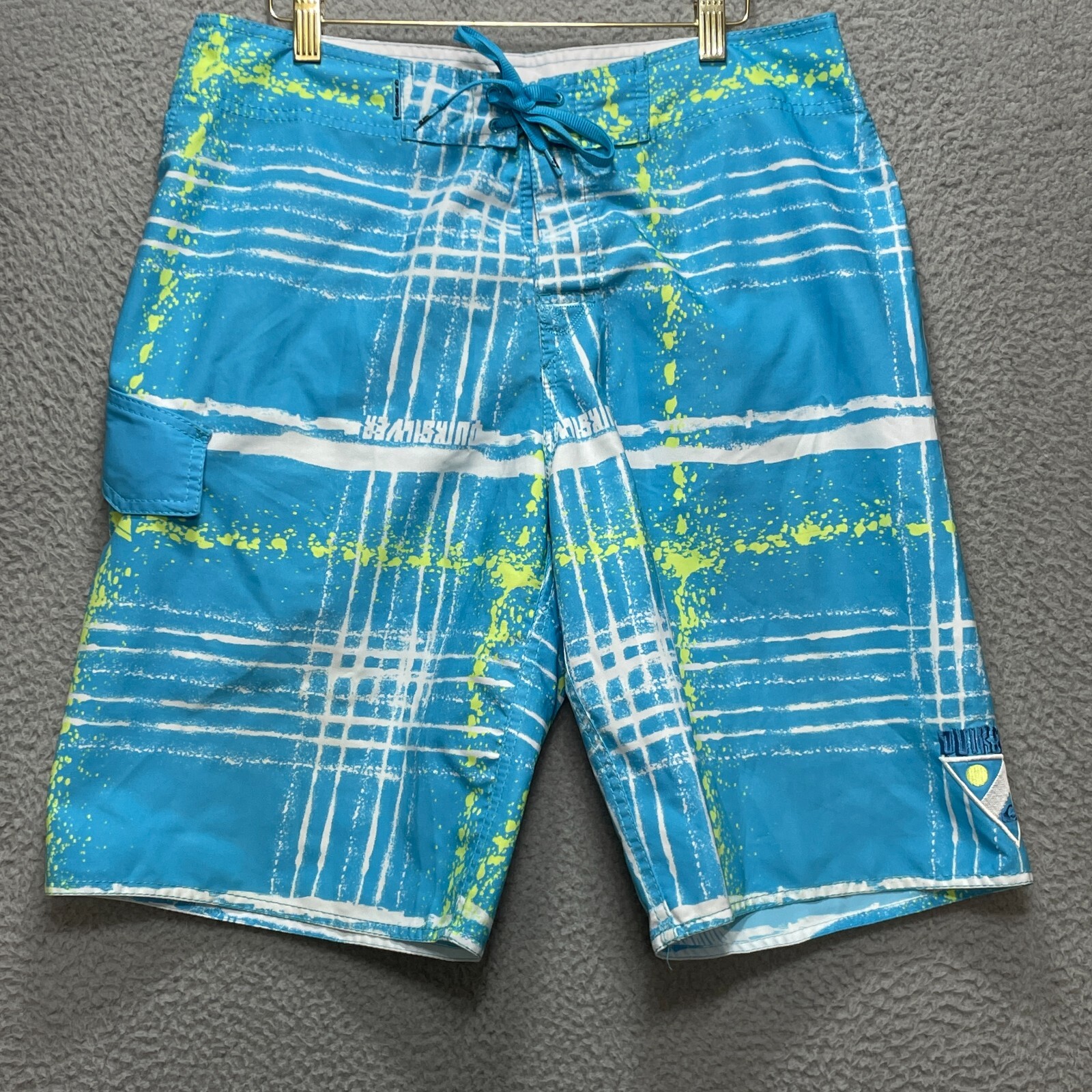 QUIKSILVER Board Shorts Mens 32 Blue Geometric Surf Swim Tie Front 21in