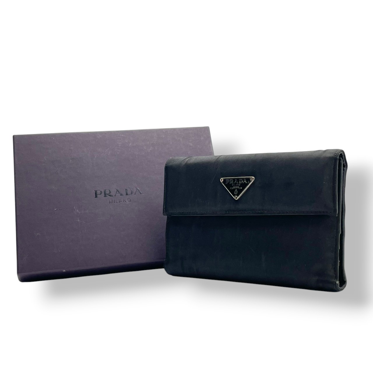 Authentic PRADA Tessuto Nylon Tri-Fold Wallet Black Triangle Logo Compact Item