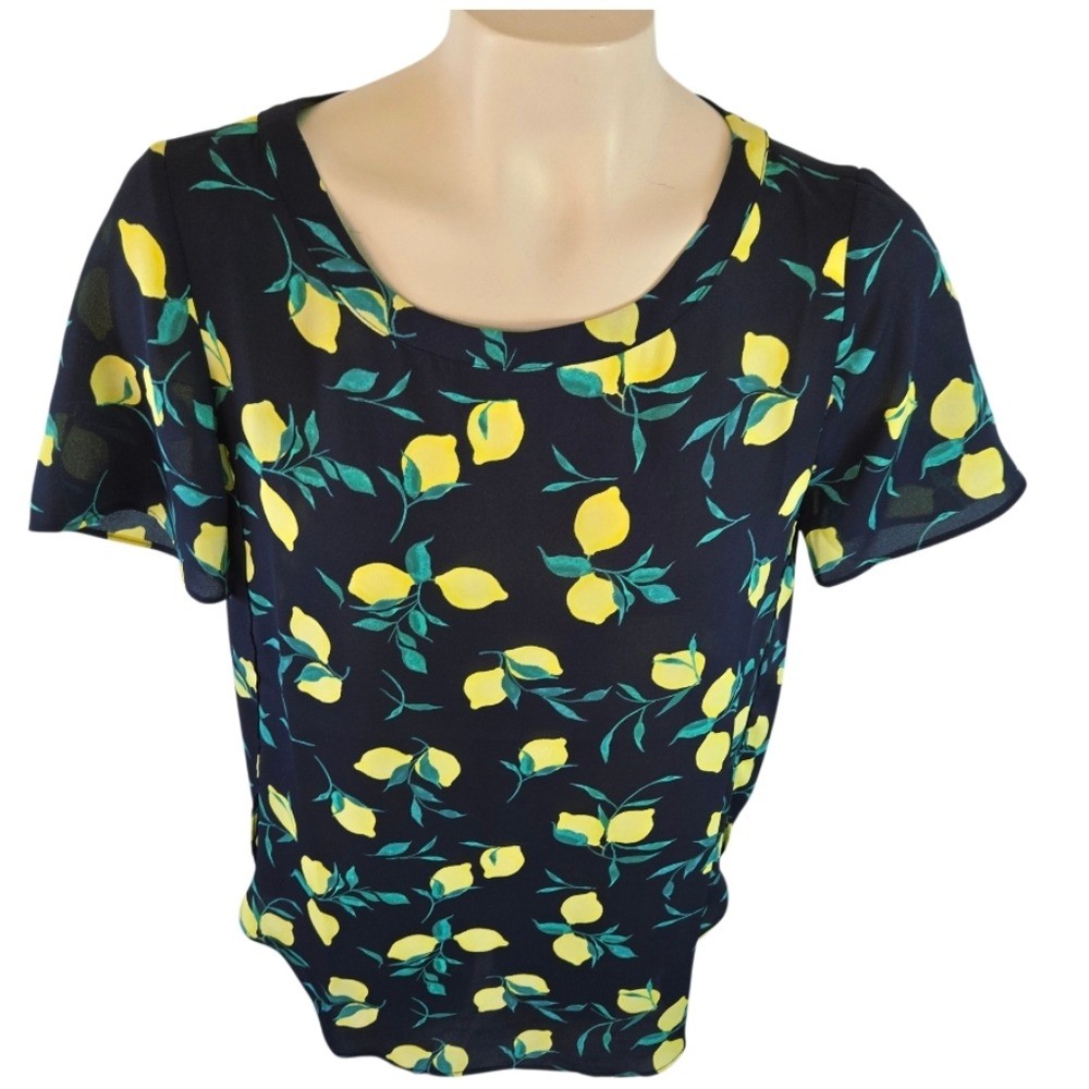 BANANA REPUBLIC Lemon Print Short Sleeve Blouse Navy Yellow Flowy X Small New