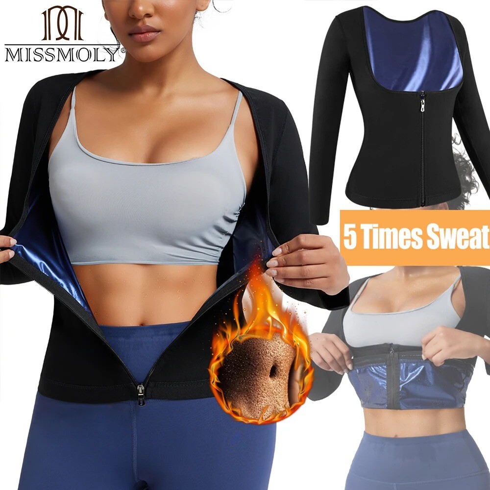 Women Sauna Suit Shirt Weight Loss Compression Sweat Vest Workout Long Sleeve US