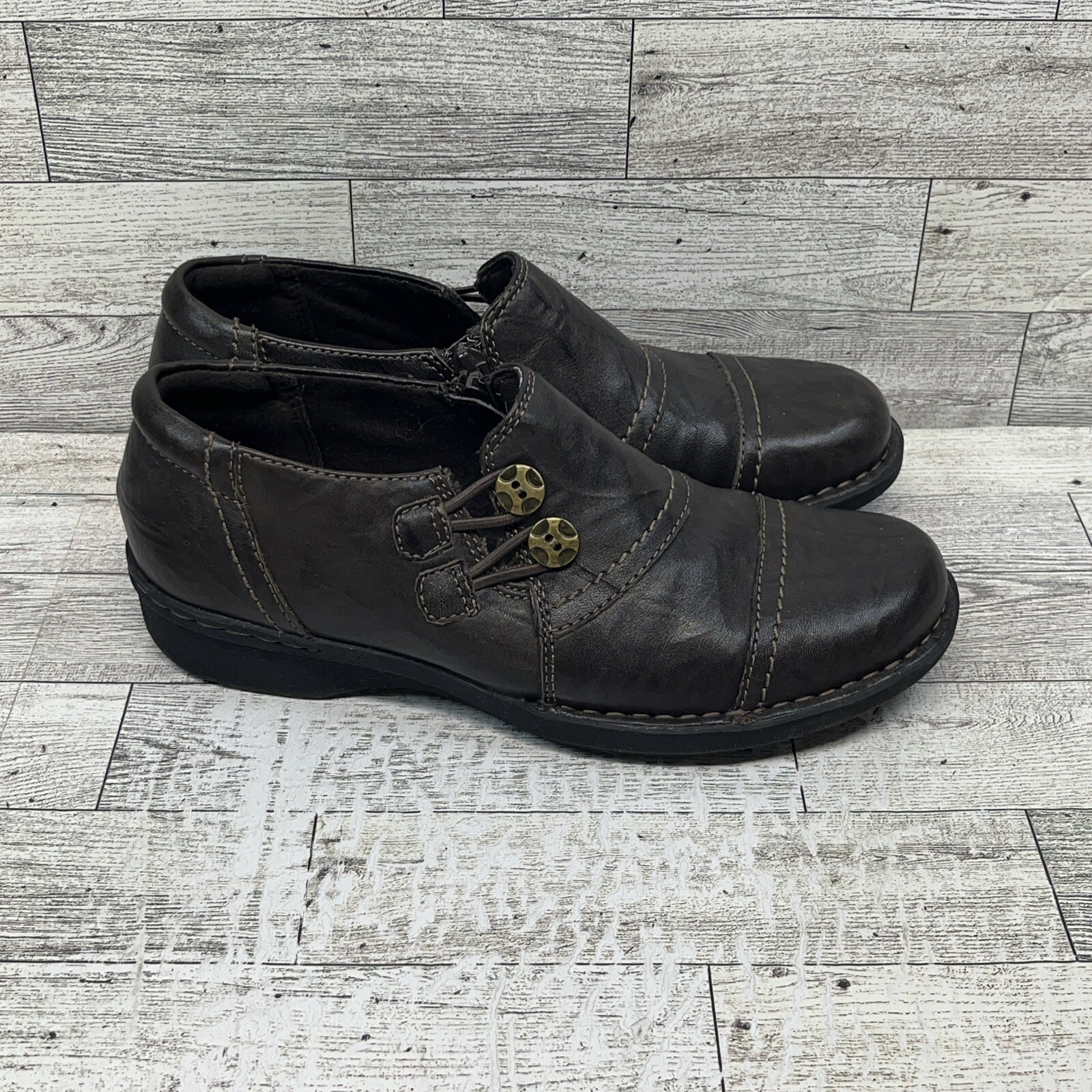 Clarks Collection Shoes Women’s 7M Casual Slip On Loafers Brown Leather Side Zip
