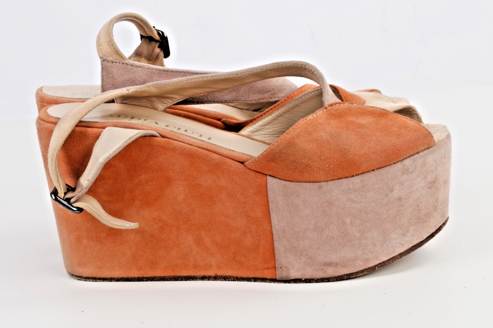 Claudia Ciuti Italian Suede Platform Wedge Sandals Tan Orange Colorblock Size 7M