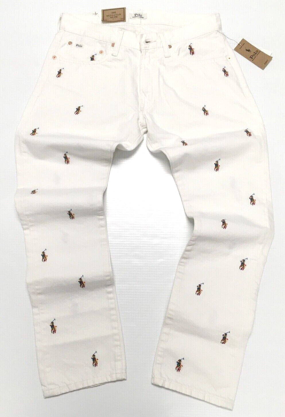 Polo Ralph Lauren Allover Pony Embroidered Varsity Preppy Royal White Slim Jeans