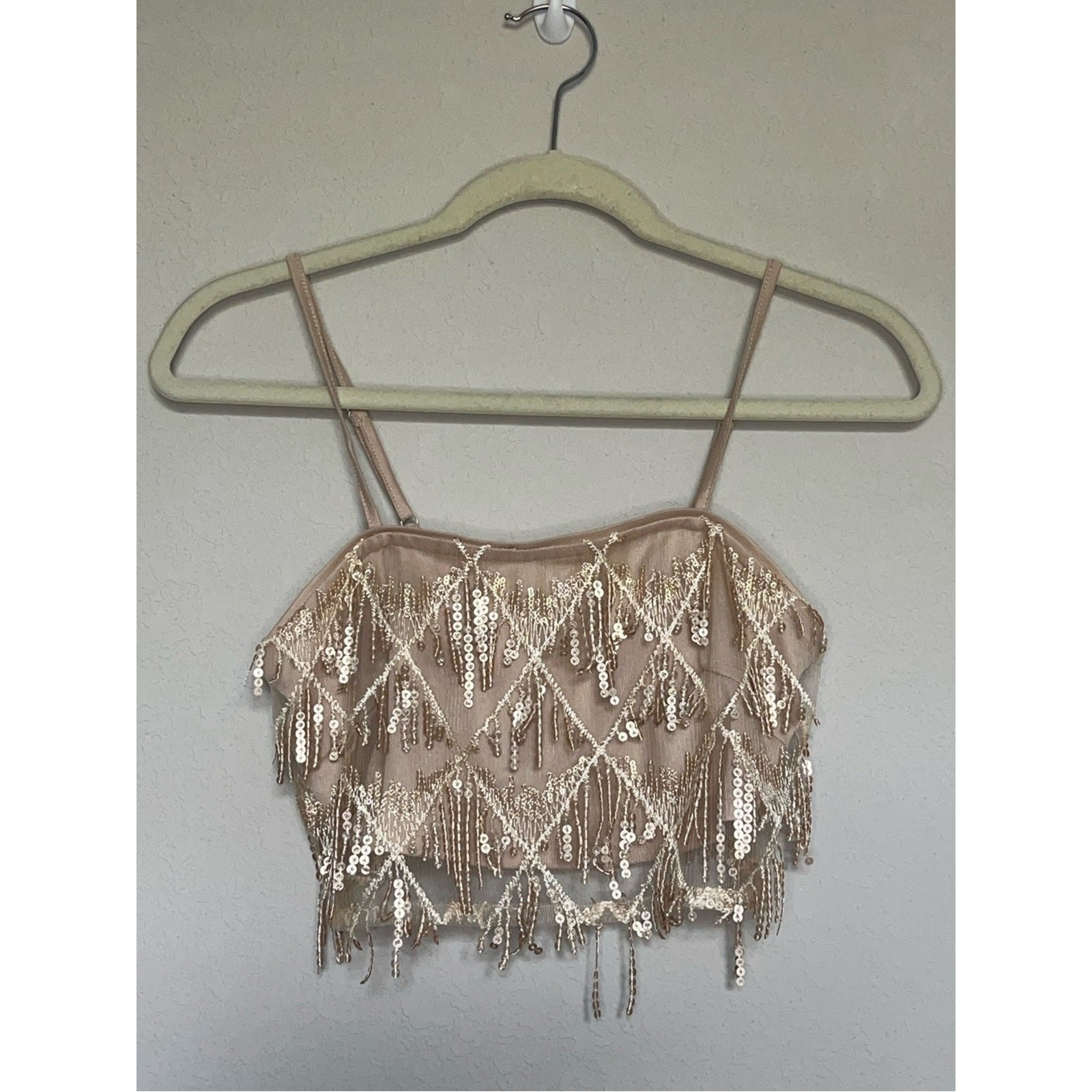 Rose Gold Sequin Fringe Festival Cropped Tank Women Medium Coquette Glam Y2K