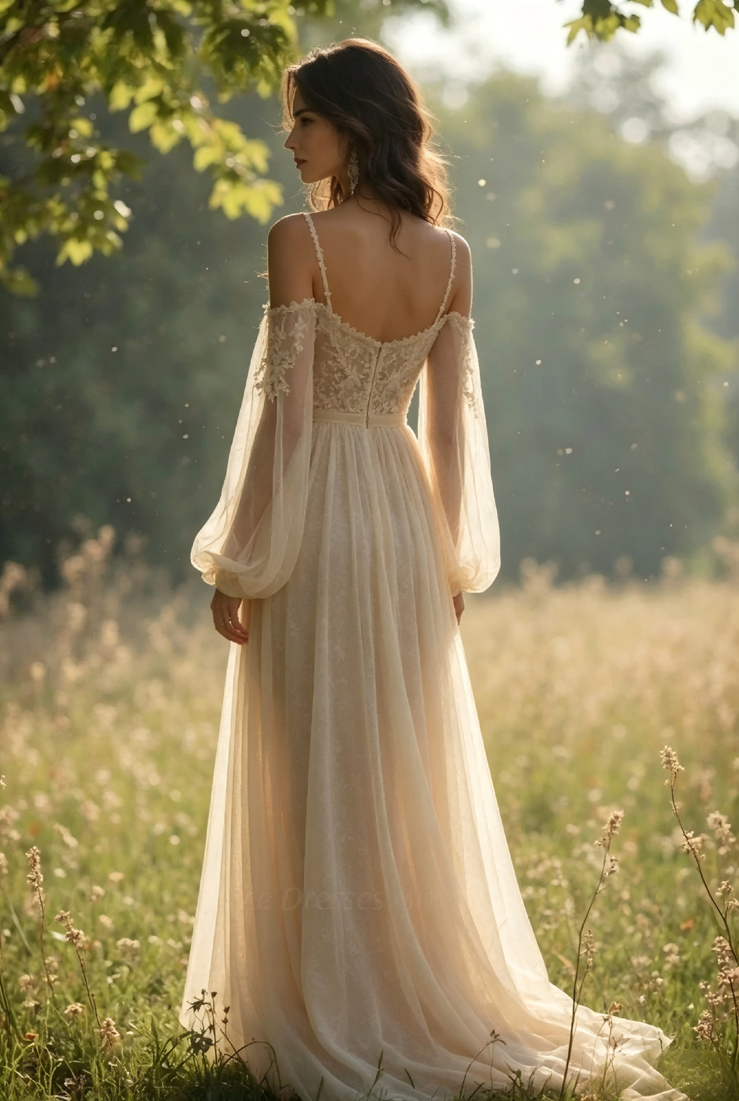 Champagne Off Shoulder Flare Sleeve Lace Tulle A Line Boho Wedding Bridal Gown