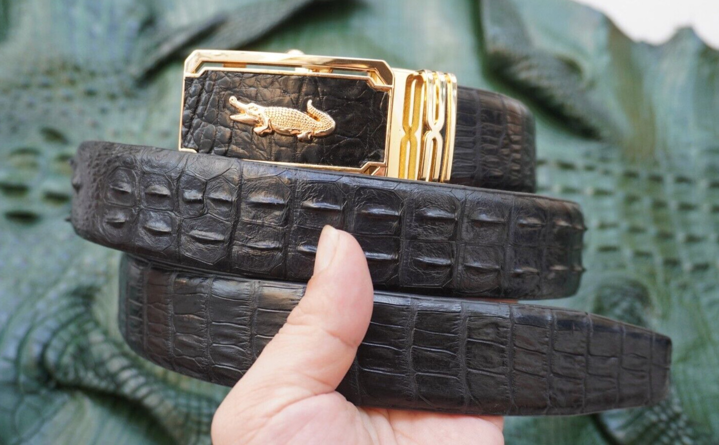Black Genuine CROCODILE Hornback LEATHER Skin Men’s Belt -W 1.3 inch # Q01