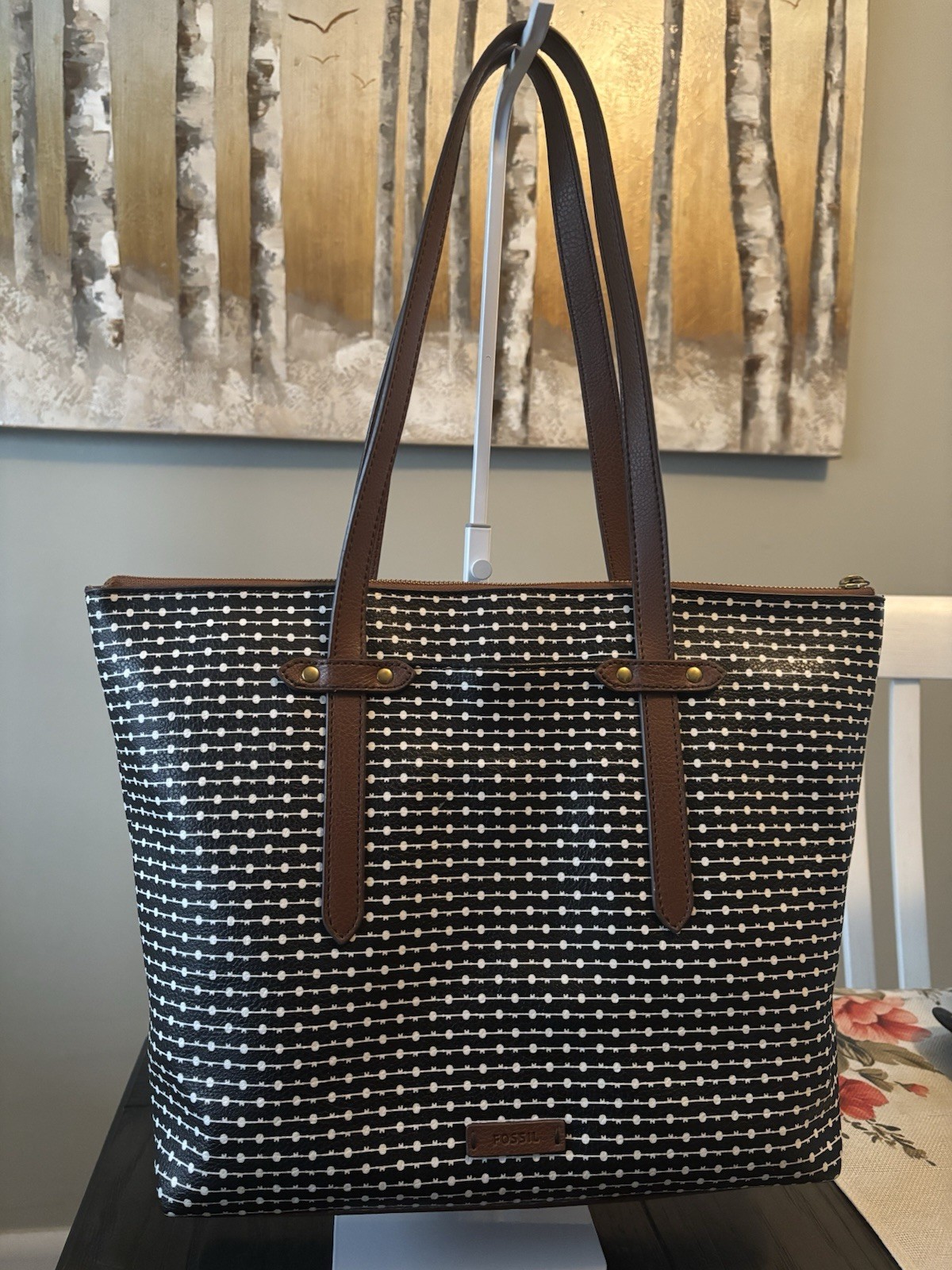 Fossil Felicity Tote Black Coated Canvas/Leather Straps