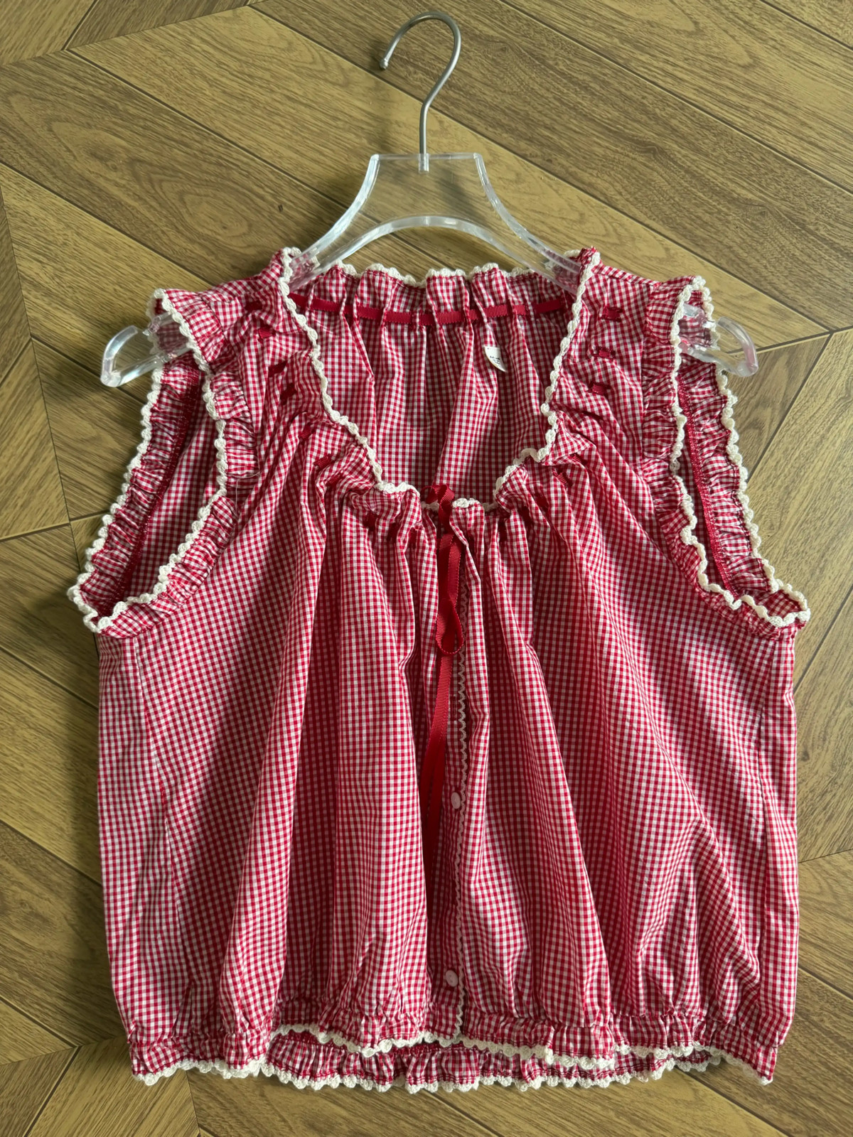 DOEN Gingham Tie Front Smocked Blouse Crop Top Organic Cotton