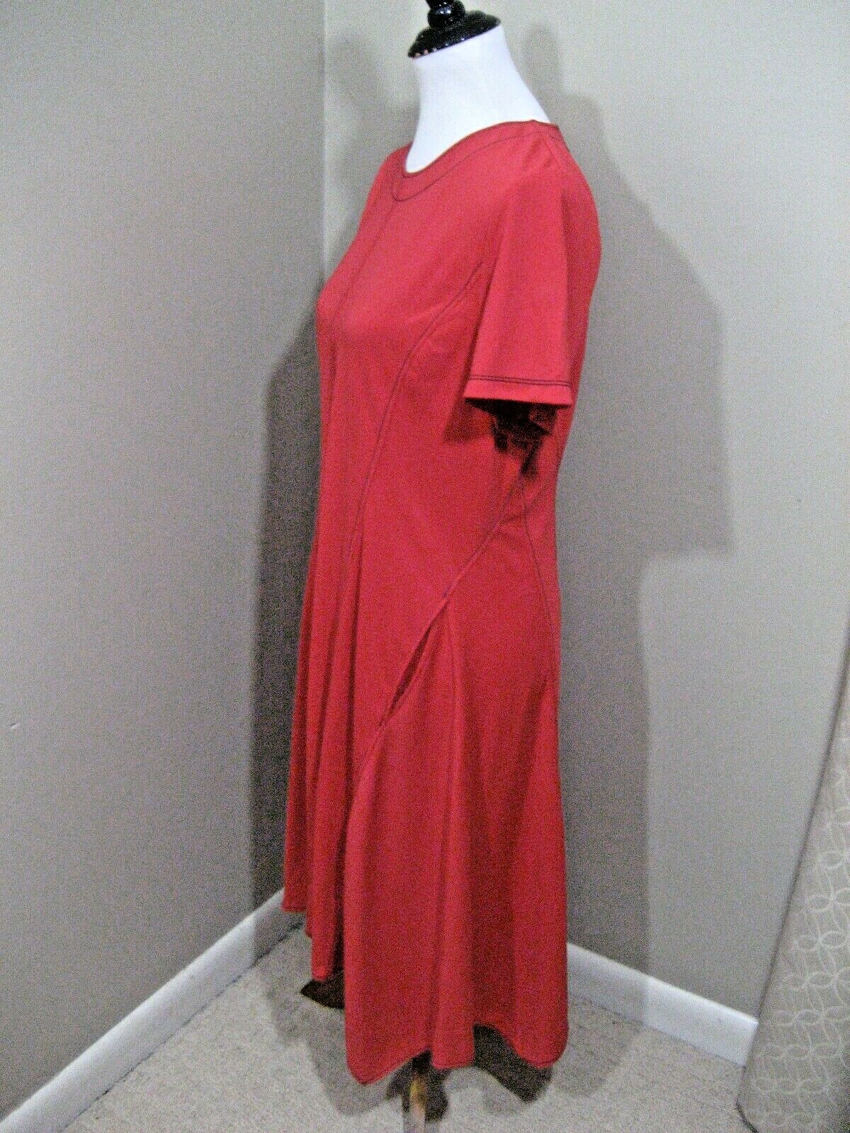 NWT! DONNA KARAN Red Navy Stitch Pocket Asymmetric Hem Marine Batik Dress Sz L