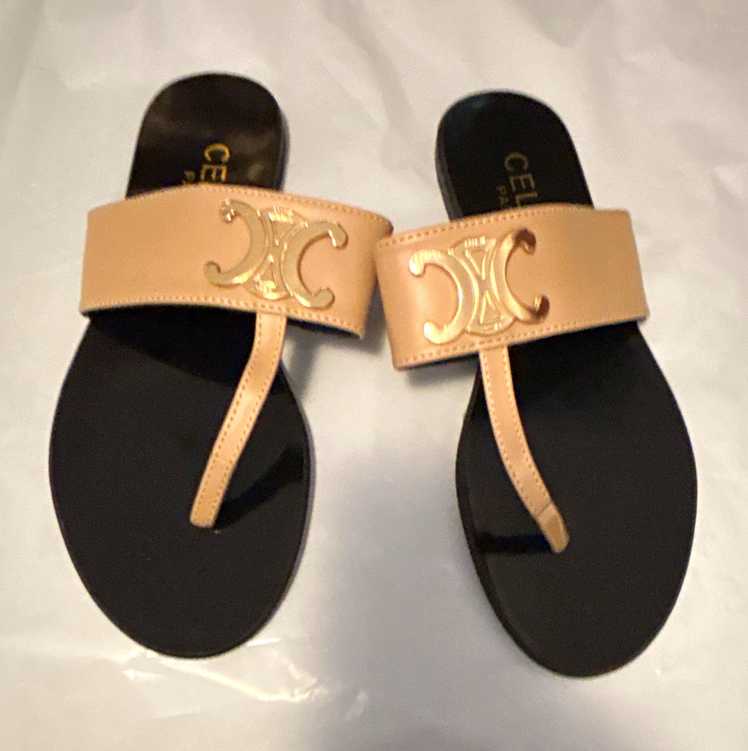 CELINE Women’s Beige/Black Logo Slide Sandals Open Toe Slip-On Leather 9