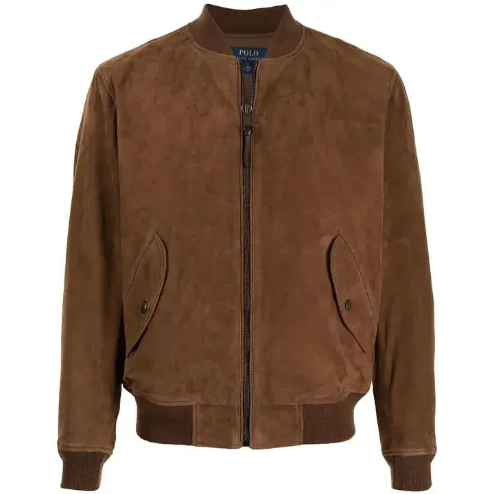 Men’s Brown Suede Leather Bomber Jacket – Premium Genuine Leather Classic Casual