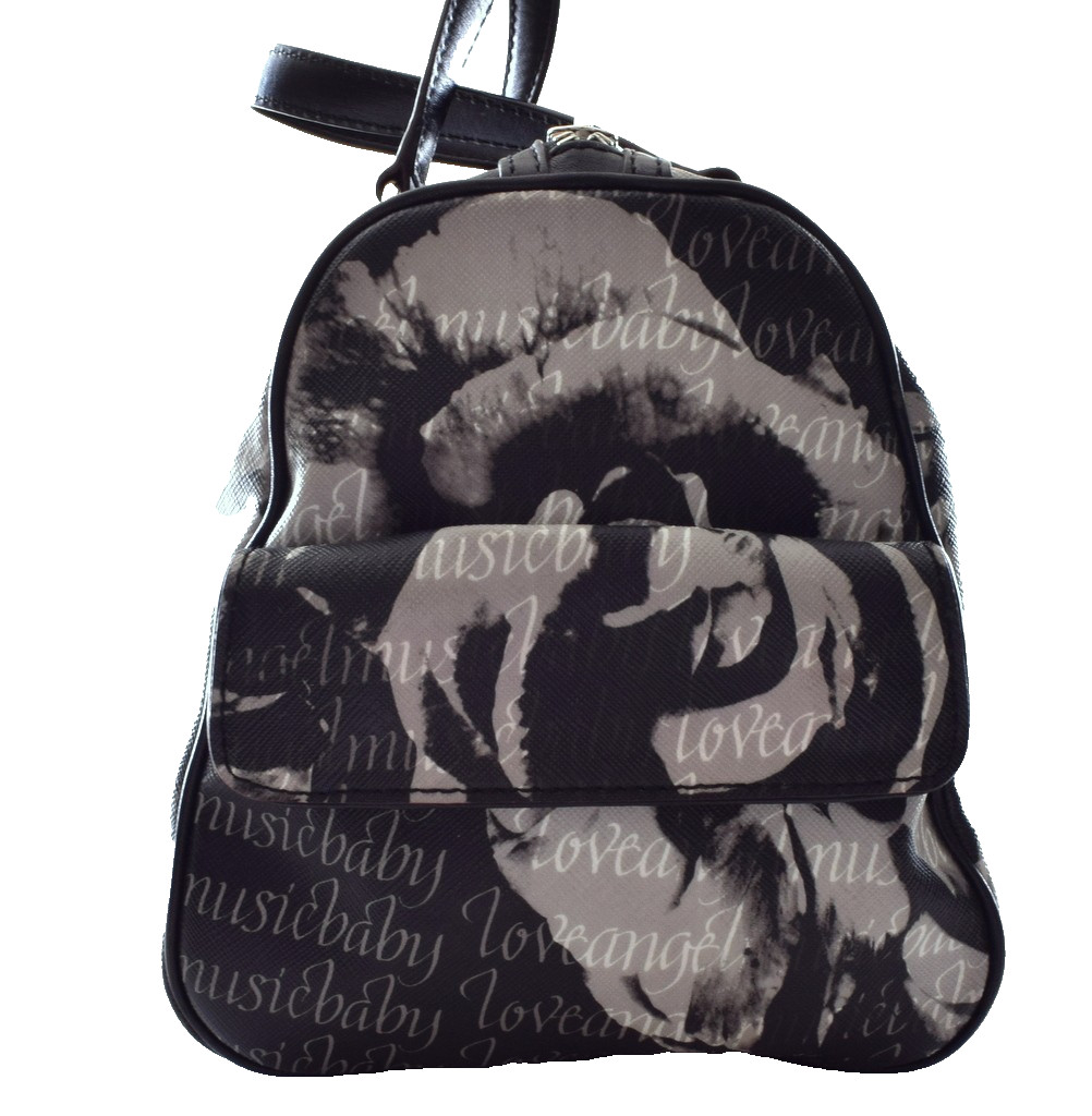 L.A.M.B. Caligraphy Roses LOVE ANGEL MUSIC Small Black White Duffle Bag EUC