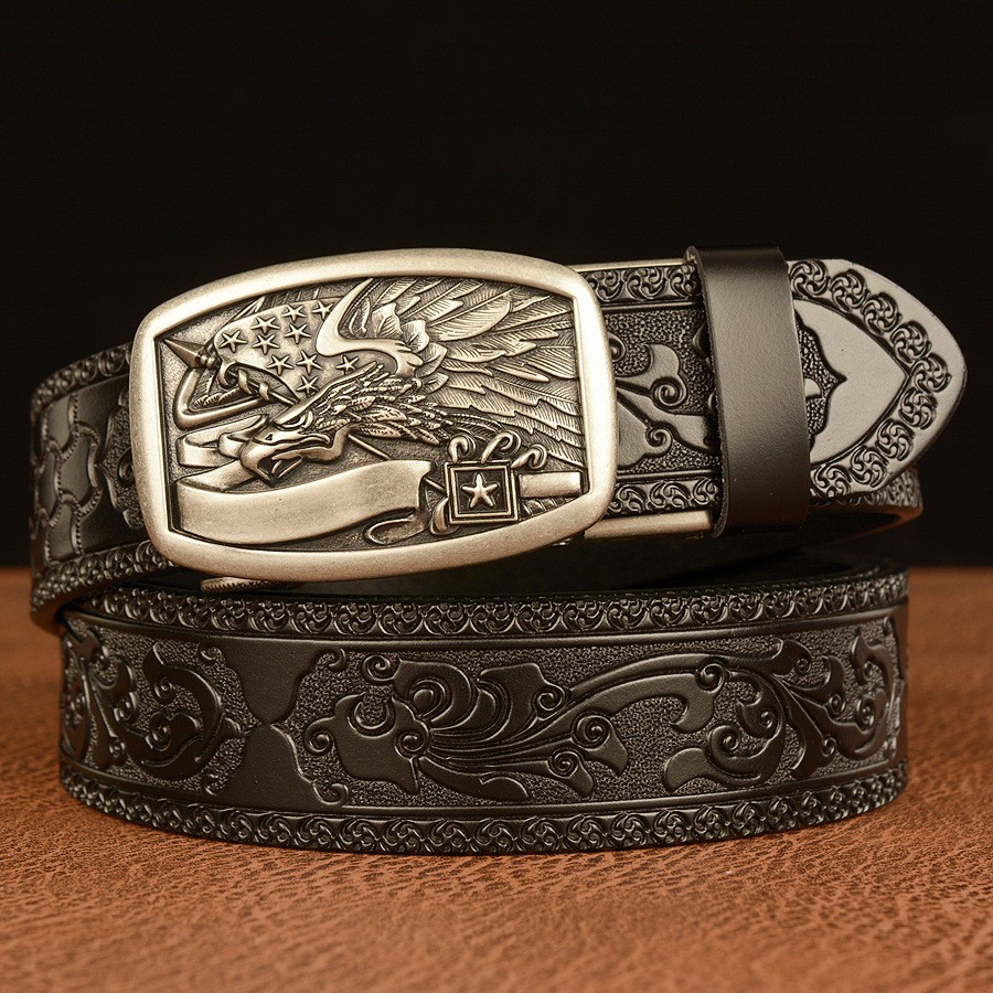 Mens Genuine Leather Ratchet Belts Adjustable Automatic Buckle Jeans Waistband
